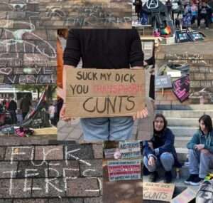 Violent signs displayed by trans activists outside FiLIA in Portsmouth in 2021